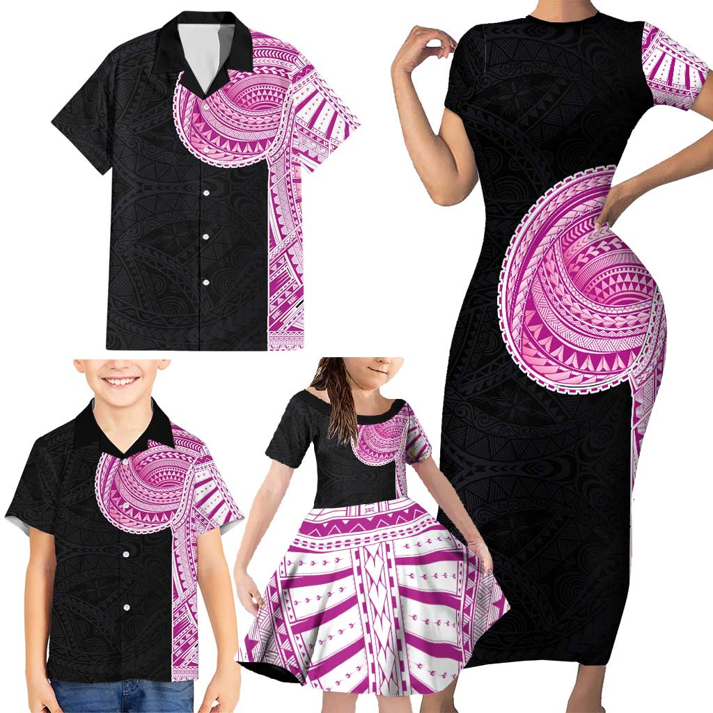 Samoan Art Tattoo Polynesian Pattern Family Matching Short Sleeve Bodycon Dress and Hawaiian Shirt Pink Out Color