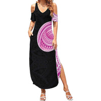 Samoan Art Tattoo Polynesian Pattern Family Matching Summer Maxi Dress and Hawaiian Shirt Pink Out Color