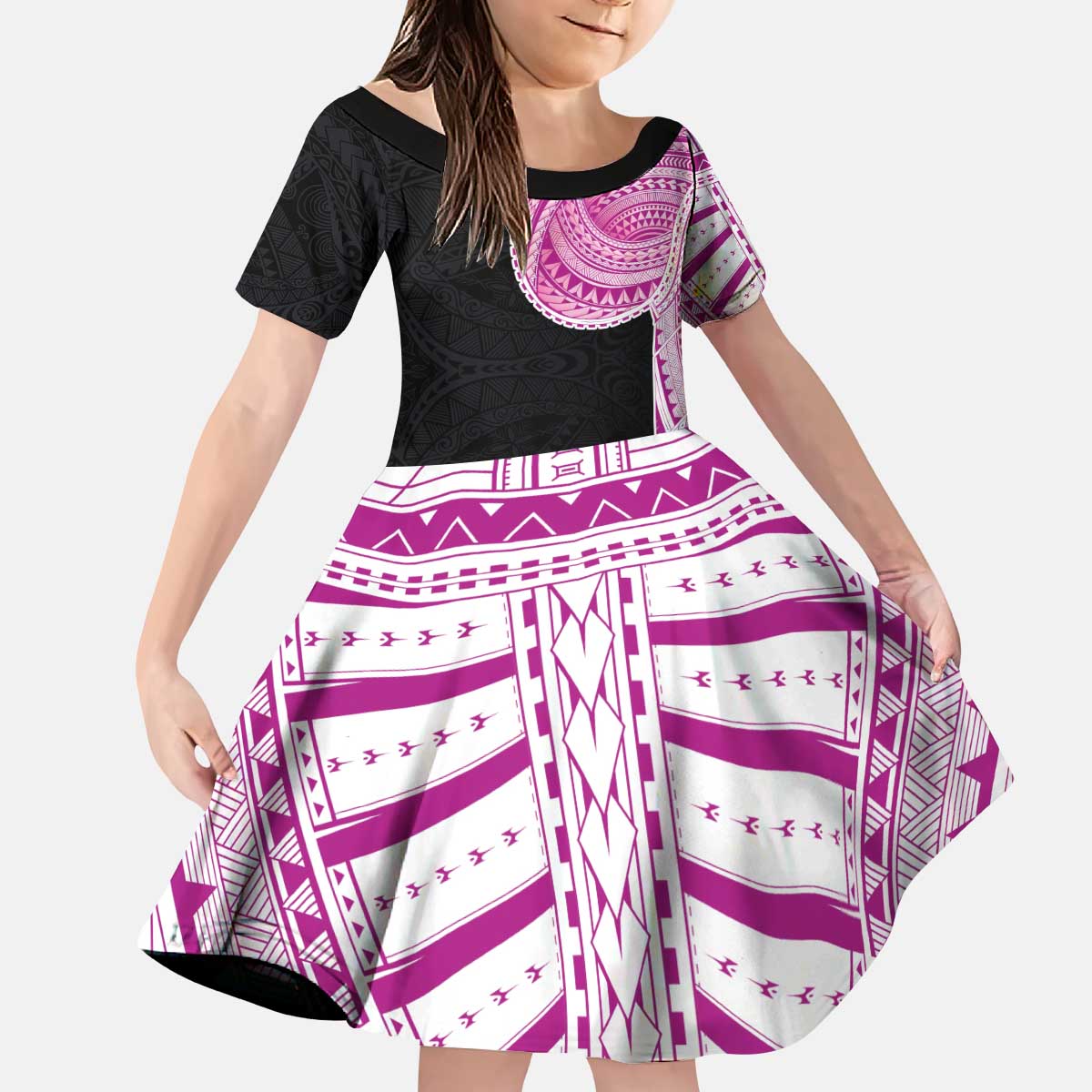 Samoan Art Tattoo Polynesian Pattern Kid Short Sleeve Dress Pink Out Color LT03 KID Black - Polynesian Pride