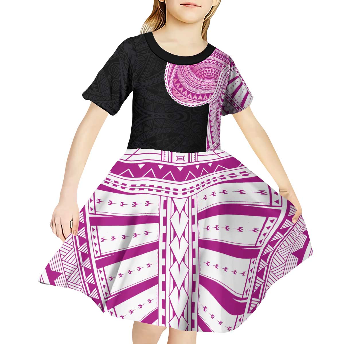 Samoan Art Tattoo Polynesian Pattern Kid Short Sleeve Dress Pink Out Color LT03 - Polynesian Pride