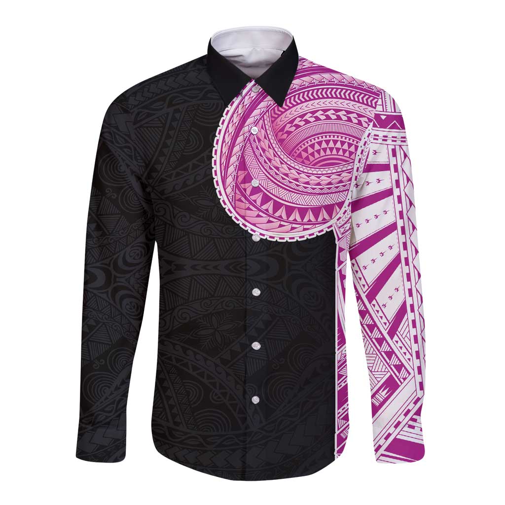 Samoan Art Tattoo Polynesian Pattern Long Sleeve Button Shirt Pink Out Color