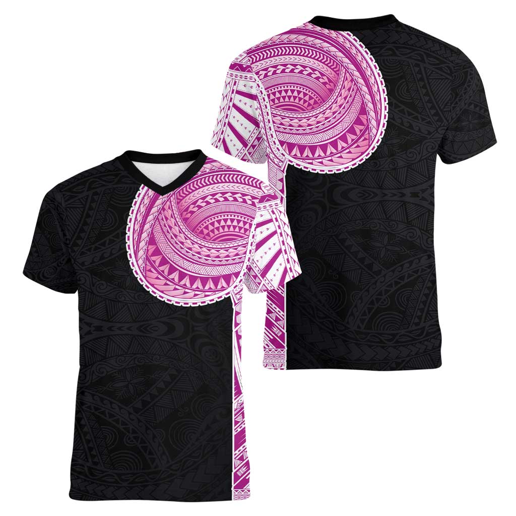 Samoan Art Tattoo Polynesian Pattern Women V-Neck T-Shirt Pink Out Color