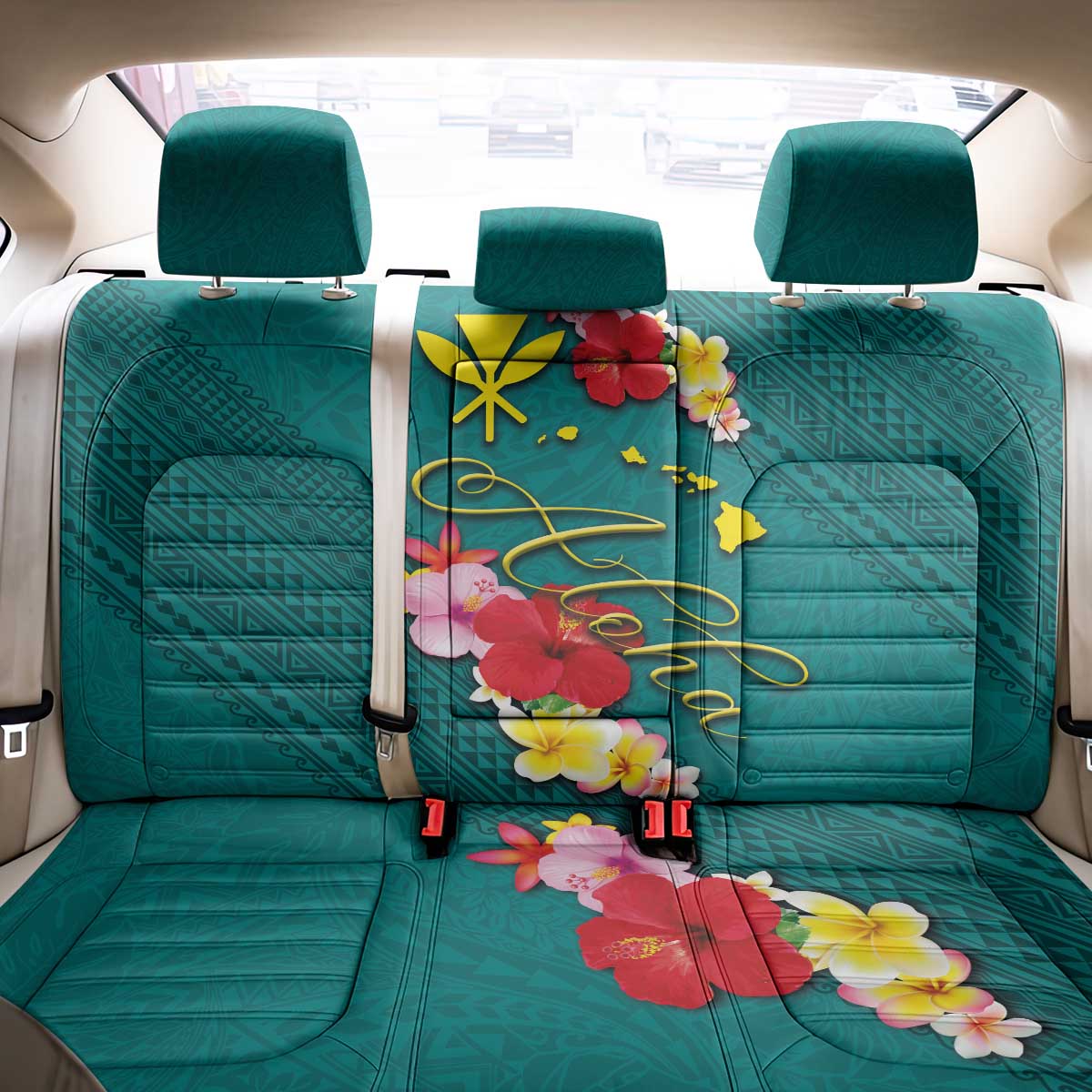 Aloha Kanaka Maoli Hawaii Flowers Back Car Seat Cover With Polynesian Pattern Teal Color