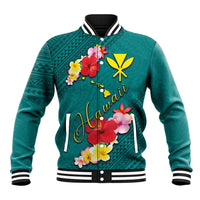 Aloha Kanaka Maoli Hawaii Flowers Baseball Jacket With Polynesian Pattern Teal Color