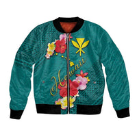 Aloha Kanaka Maoli Hawaii Flowers Bomber Jacket With Polynesian Pattern Teal Color