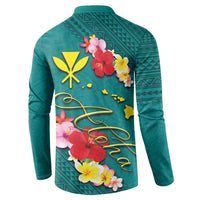 Aloha Kanaka Maoli Hawaii Flowers Button Sweatshirt With Polynesian Pattern Teal Color
