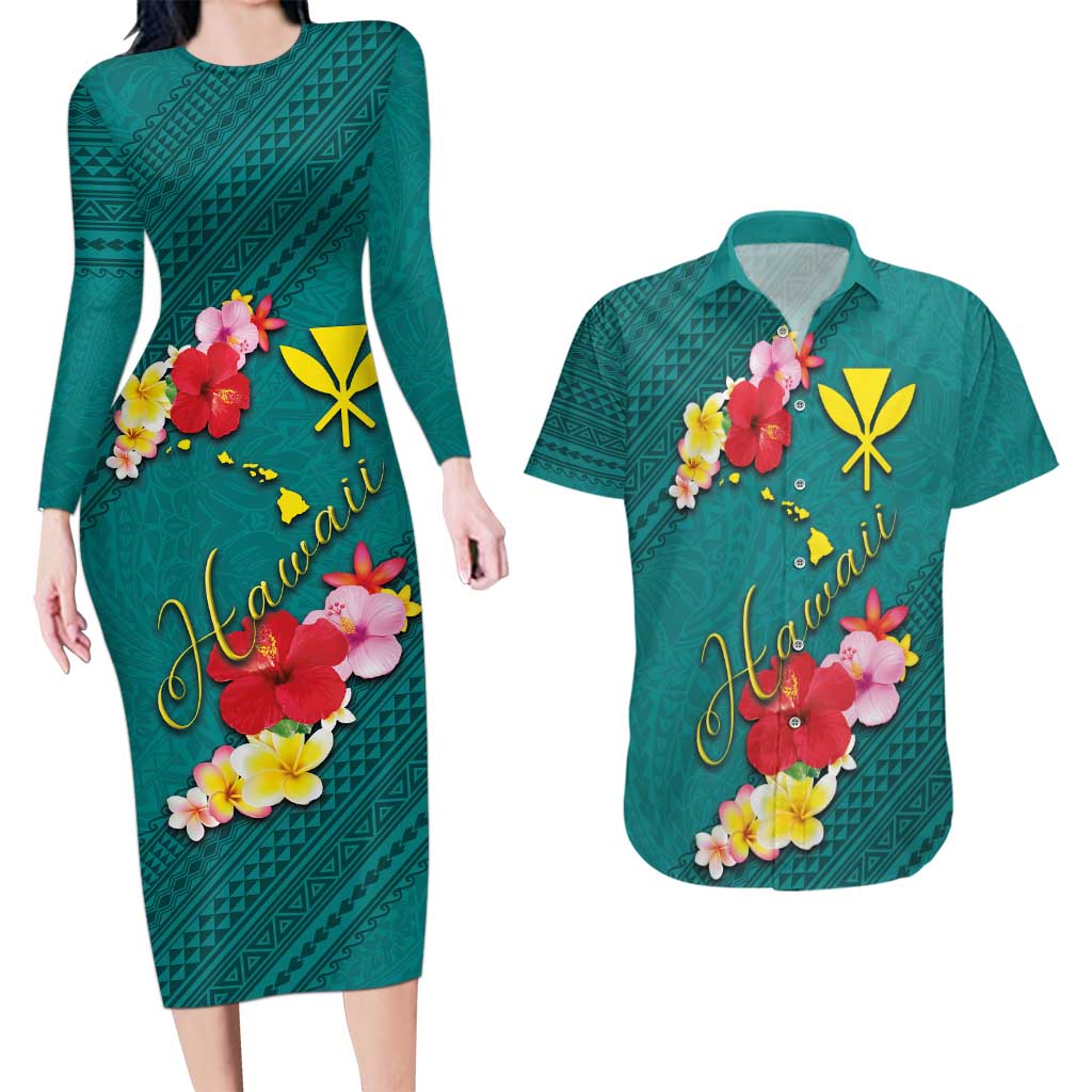 Aloha Kanaka Maoli Hawaii Flowers Couples Matching Long Sleeve Bodycon Dress and Hawaiian Shirt With Polynesian Pattern Teal Color