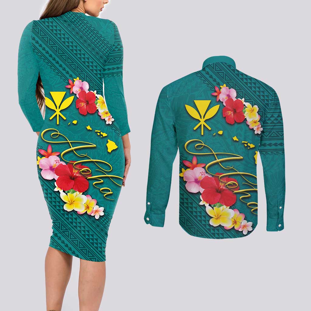 Aloha Kanaka Maoli Hawaii Flowers Couples Matching Long Sleeve Bodycon Dress and Long Sleeve Button Shirt With Polynesian Pattern Teal Color