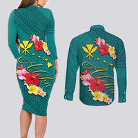 Aloha Kanaka Maoli Hawaii Flowers Couples Matching Long Sleeve Bodycon Dress and Long Sleeve Button Shirt With Polynesian Pattern Teal Color