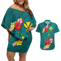 Aloha Kanaka Maoli Hawaii Flowers Couples Matching Off Shoulder Short Dress and Hawaiian Shirt With Polynesian Pattern Teal Color