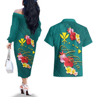 Aloha Kanaka Maoli Hawaii Flowers Couples Matching Off The Shoulder Long Sleeve Dress and Hawaiian Shirt With Polynesian Pattern Teal Color