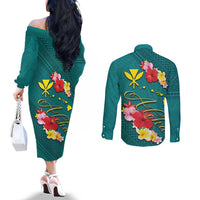 Aloha Kanaka Maoli Hawaii Flowers Couples Matching Off The Shoulder Long Sleeve Dress and Long Sleeve Button Shirt With Polynesian Pattern Teal Color