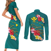 Aloha Kanaka Maoli Hawaii Flowers Couples Matching Short Sleeve Bodycon Dress and Long Sleeve Button Shirt With Polynesian Pattern Teal Color