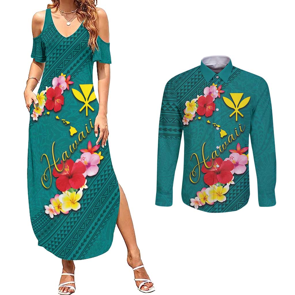 Aloha Kanaka Maoli Hawaii Flowers Couples Matching Summer Maxi Dress and Long Sleeve Button Shirt With Polynesian Pattern Teal Color