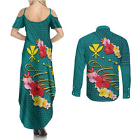 Aloha Kanaka Maoli Hawaii Flowers Couples Matching Summer Maxi Dress and Long Sleeve Button Shirt With Polynesian Pattern Teal Color