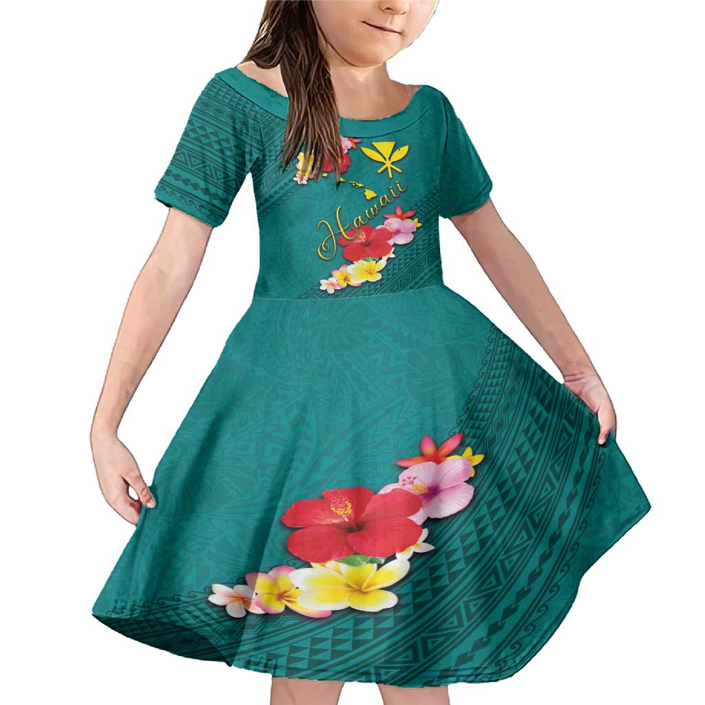 Aloha Kanaka Maoli Hawaii Flowers Family Matching Mermaid Dress and Hawaiian Shirt With Polynesian Pattern Teal Color