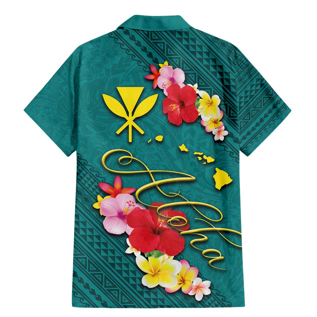 Aloha Kanaka Maoli Hawaii Flowers Family Matching Mermaid Dress and Hawaiian Shirt With Polynesian Pattern Teal Color