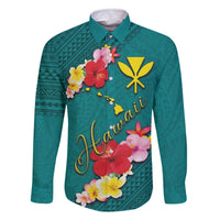 Aloha Kanaka Maoli Hawaii Flowers Family Matching Off The Shoulder Long Sleeve Dress and Hawaiian Shirt With Polynesian Pattern Teal Color
