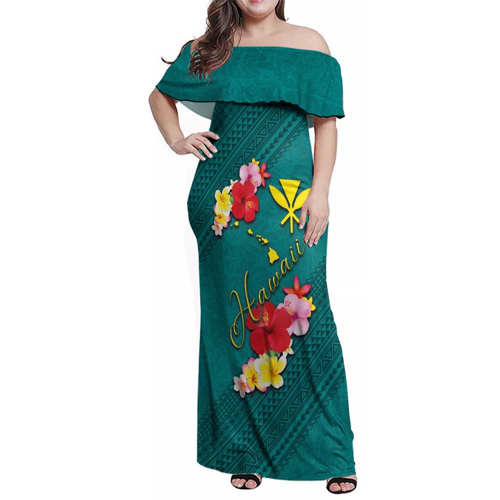 Aloha Kanaka Maoli Hawaii Flowers Family Matching Off Shoulder Maxi Dress and Hawaiian Shirt With Polynesian Pattern Teal Color