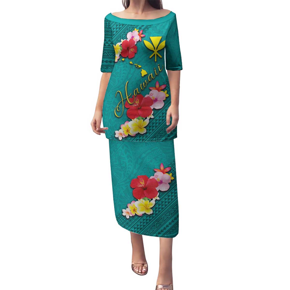 Aloha Kanaka Maoli Hawaii Flowers Family Matching Puletasi and Hawaiian Shirt With Polynesian Pattern Teal Color