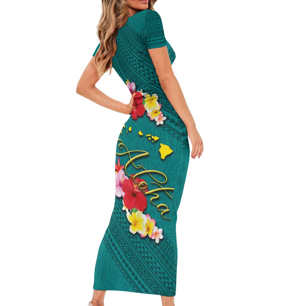 Aloha Kanaka Maoli Hawaii Flowers Family Matching Short Sleeve Bodycon Dress and Hawaiian Shirt With Polynesian Pattern Teal Color