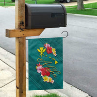 Aloha Kanaka Maoli Hawaii Flowers Garden Flag With Polynesian Pattern Teal Color