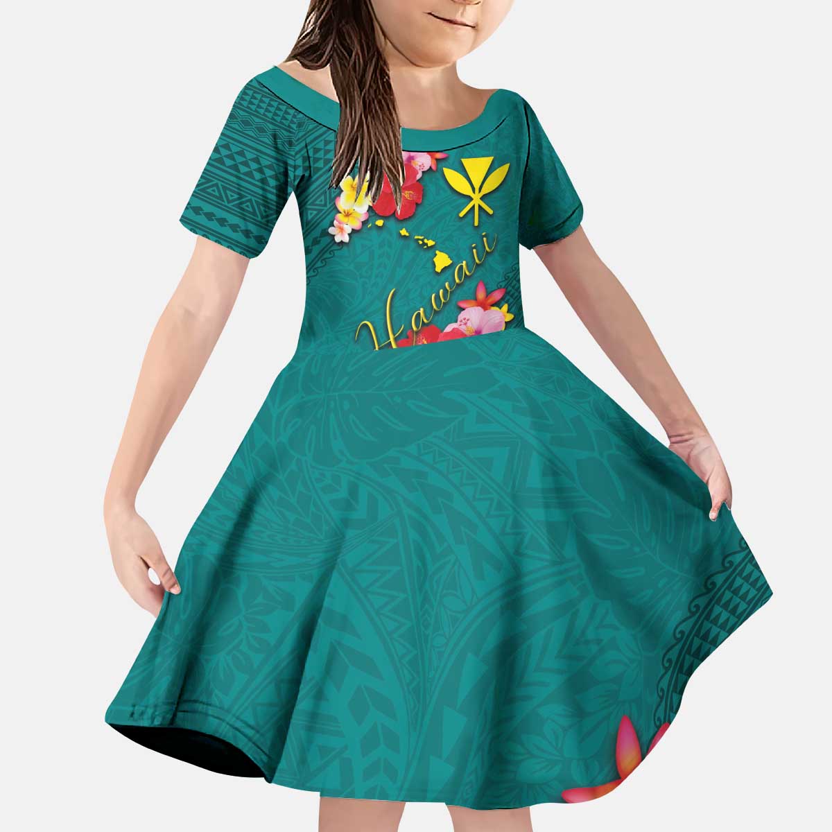 Aloha Kanaka Maoli Hawaii Flowers Kid Short Sleeve Dress With Polynesian Pattern Teal Color