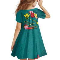 Aloha Kanaka Maoli Hawaii Flowers Kid Short Sleeve Dress With Polynesian Pattern Teal Color