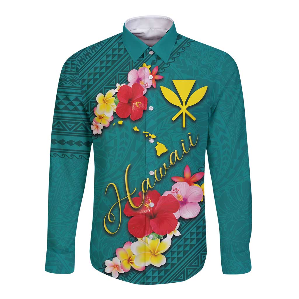 Aloha Kanaka Maoli Hawaii Flowers Long Sleeve Button Shirt With Polynesian Pattern Teal Color