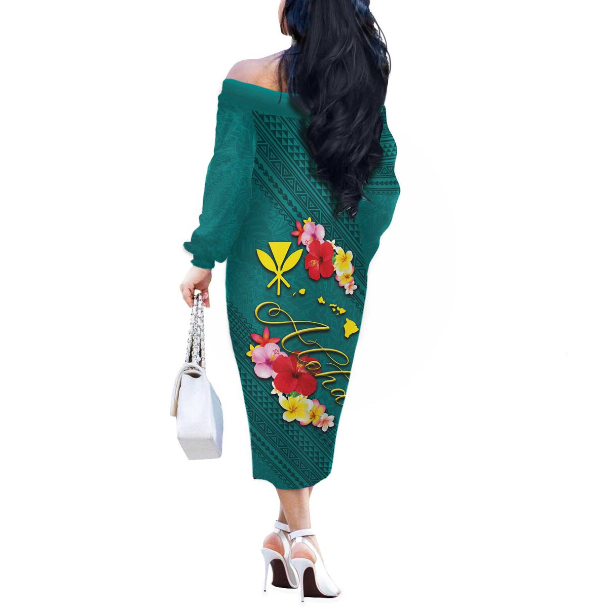 Aloha Kanaka Maoli Hawaii Flowers Off The Shoulder Long Sleeve Dress With Polynesian Pattern Teal Color
