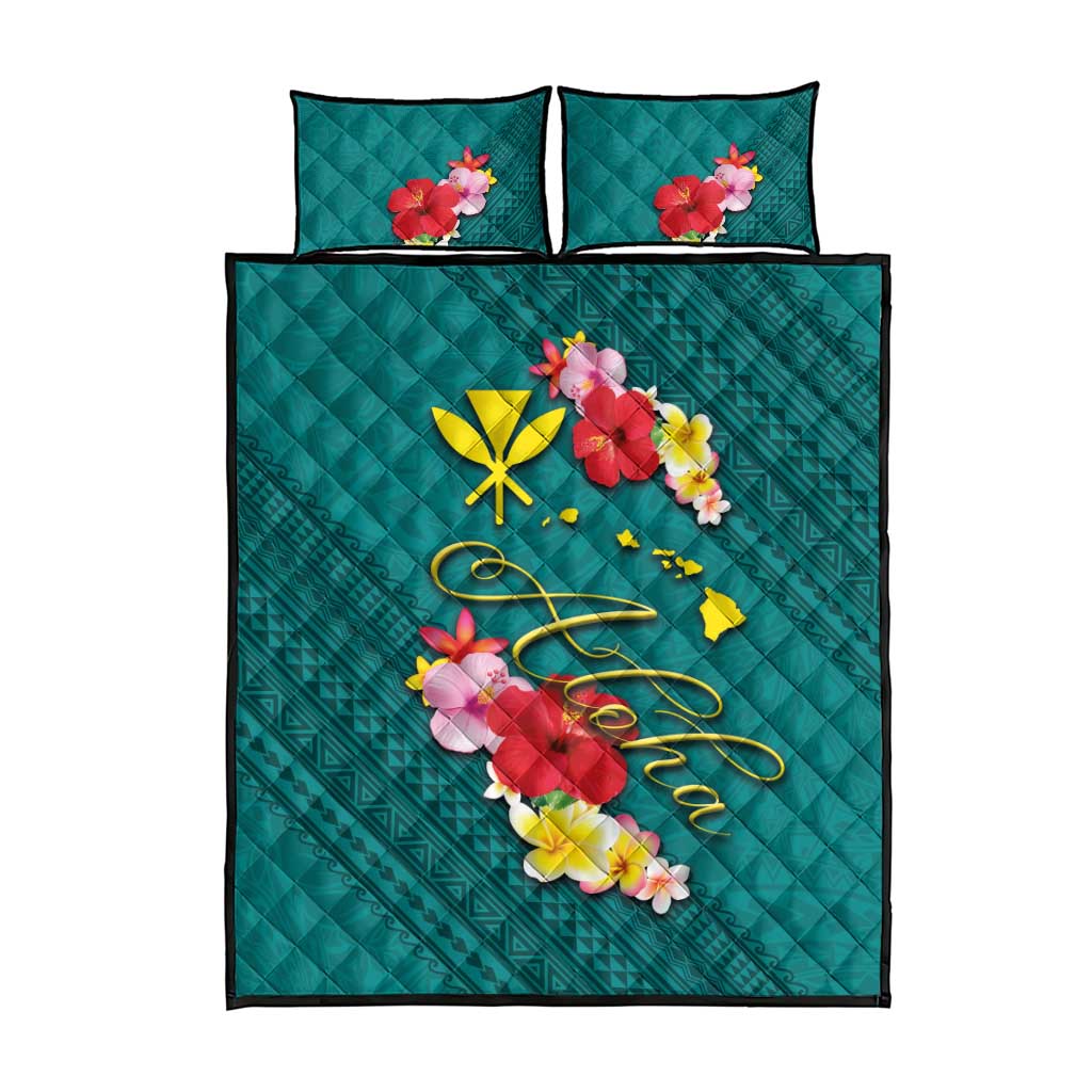 Aloha Kanaka Maoli Hawaii Flowers Quilt Bed Set With Polynesian Pattern Teal Color