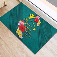 Aloha Kanaka Maoli Hawaii Flowers Rubber Doormat With Polynesian Pattern Teal Color
