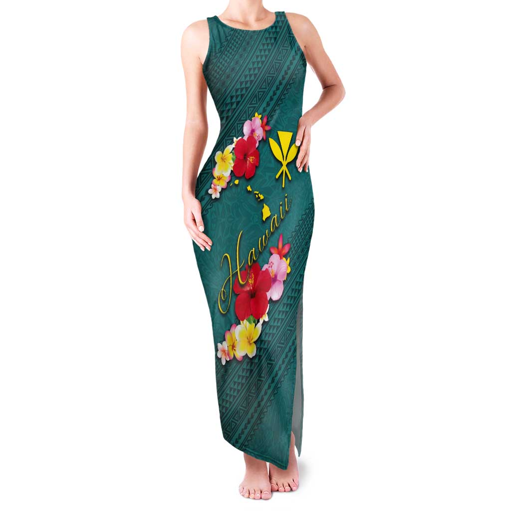 Aloha Kanaka Maoli Hawaii Flowers Tank Maxi Dress With Polynesian Pattern Teal Color