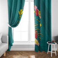 Aloha Kanaka Maoli Hawaii Flowers Window Curtain With Polynesian Pattern Teal Color