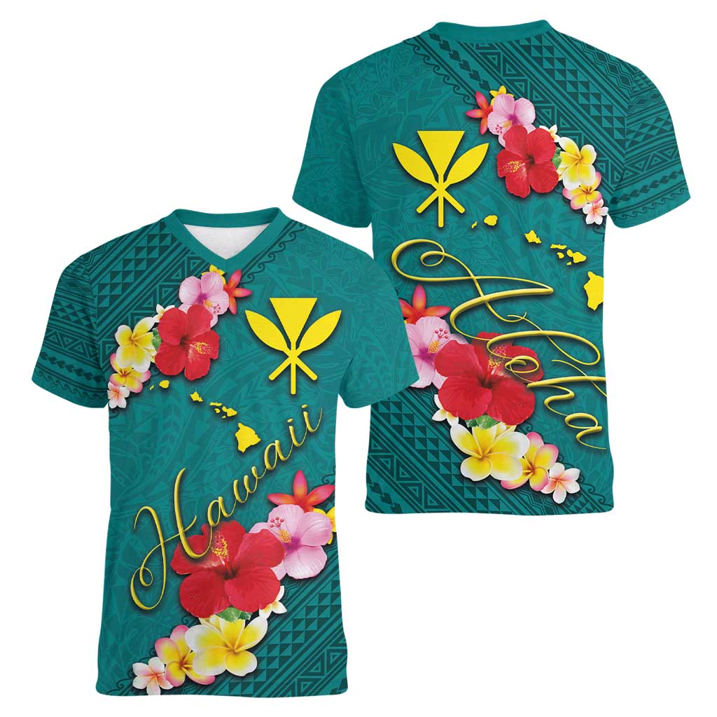 Aloha Kanaka Maoli Hawaii Flowers Women V-Neck T-Shirt With Polynesian Pattern Teal Color