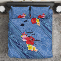 Bula Fiji Hibiscus and Plumeria Flowers Bedding Set Tapa Tattoo Polynesian Pattern LT03 Blue - Polynesian Pride
