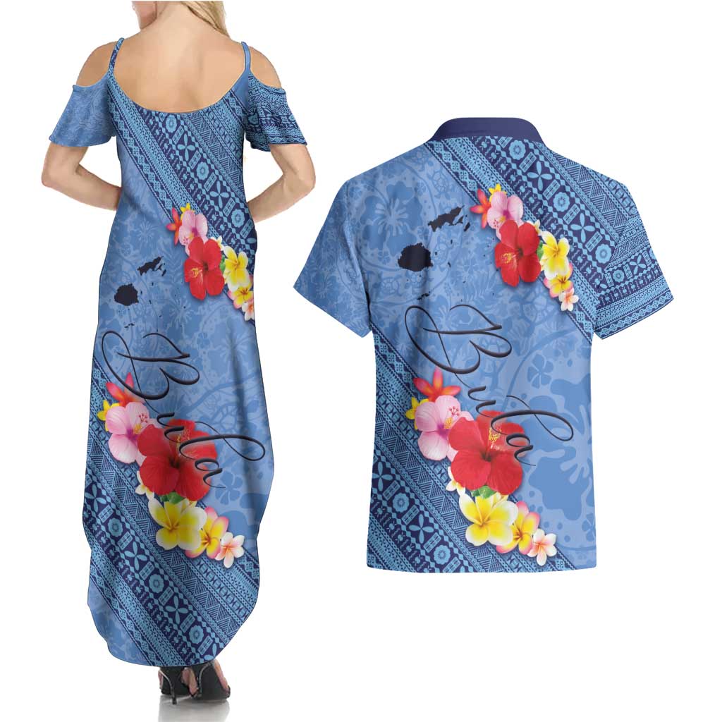 Bula Fiji Hibiscus and Plumeria Flowers Couples Matching Summer Maxi Dress and Hawaiian Shirt Tapa Tattoo Polynesian Pattern