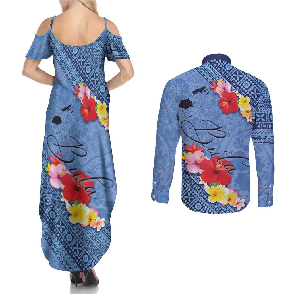 Bula Fiji Hibiscus and Plumeria Flowers Couples Matching Summer Maxi Dress and Long Sleeve Button Shirt Tapa Tattoo Polynesian Pattern