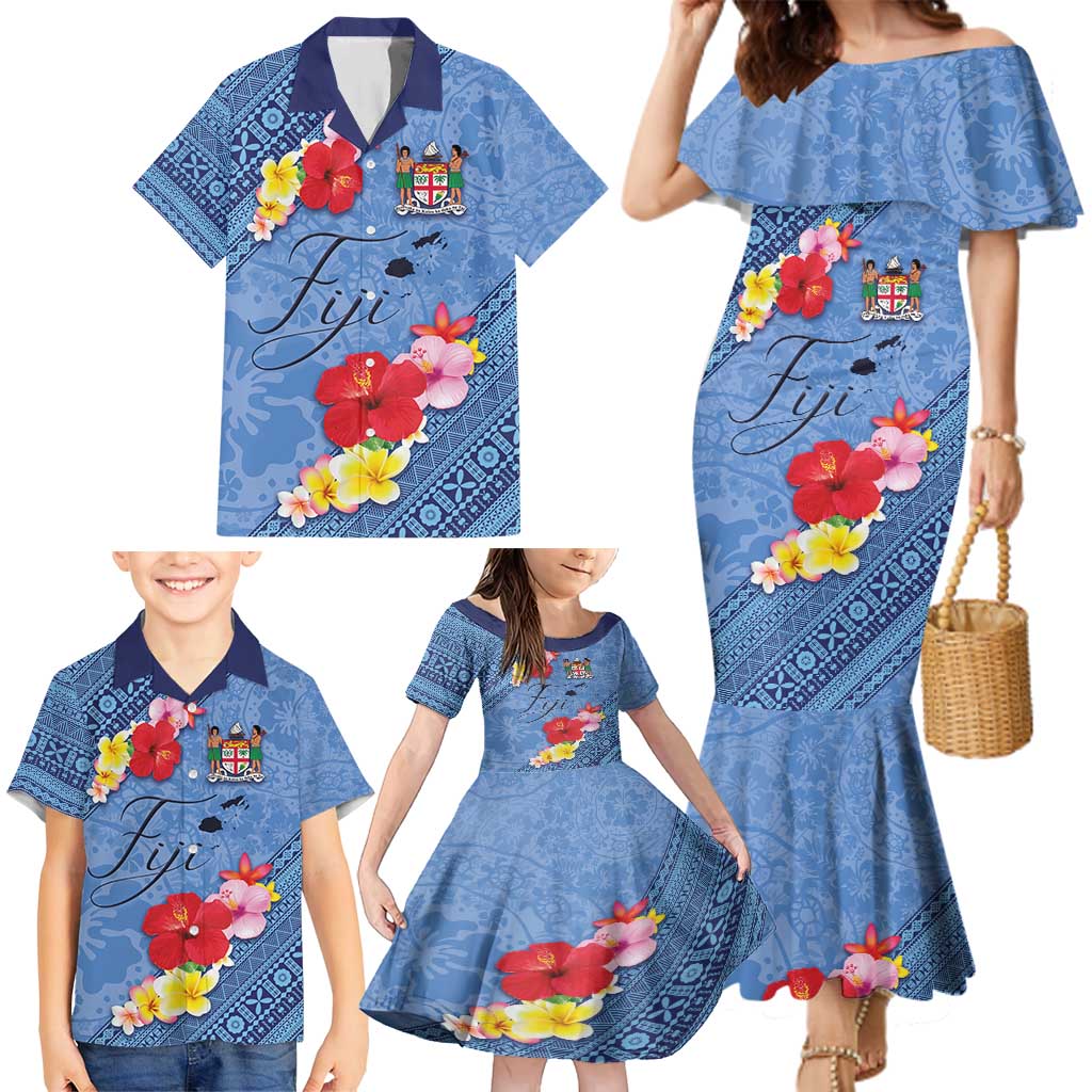 Bula Fiji Hibiscus and Plumeria Flowers Family Matching Mermaid Dress and Hawaiian Shirt Tapa Tattoo Polynesian Pattern