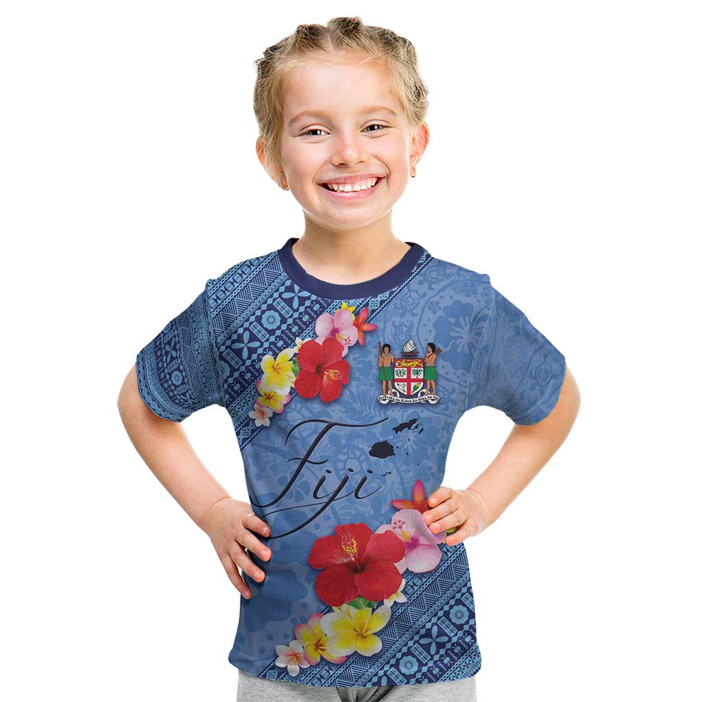 Bula Fiji Hibiscus and Plumeria Flowers Kid T Shirt Tapa Tattoo Polynesian Pattern