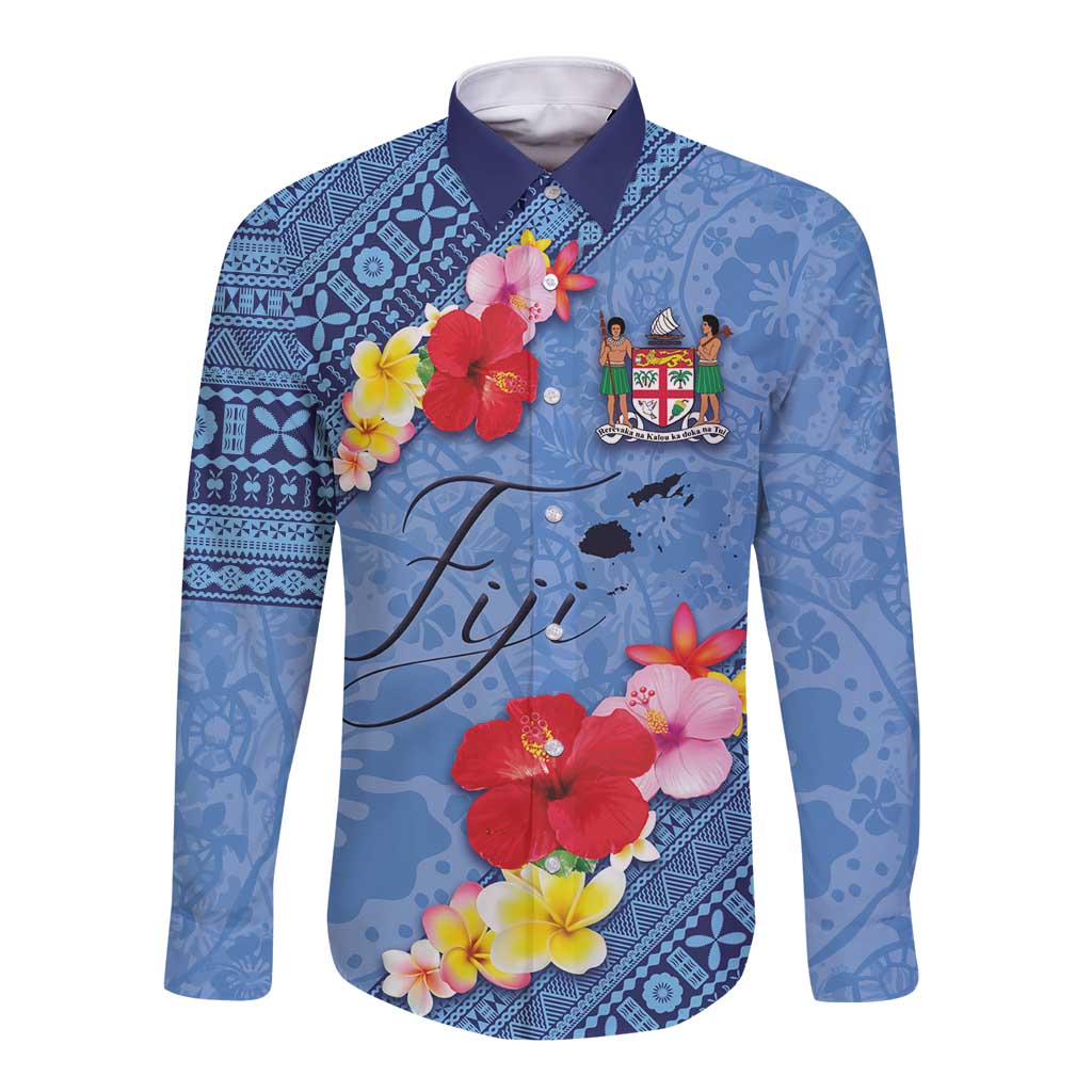 Bula Fiji Hibiscus and Plumeria Flowers Long Sleeve Button Shirt Tapa Tattoo Polynesian Pattern