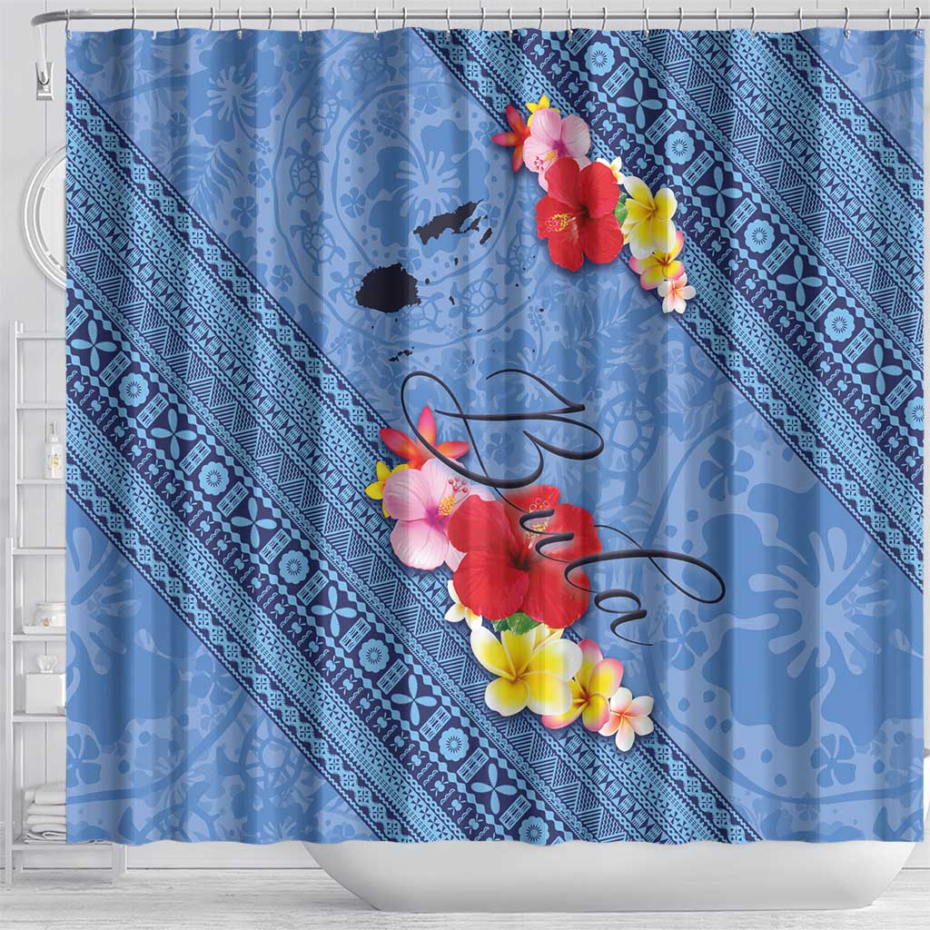 Bula Fiji Hibiscus and Plumeria Flowers Shower Curtain Tapa Tattoo Polynesian Pattern