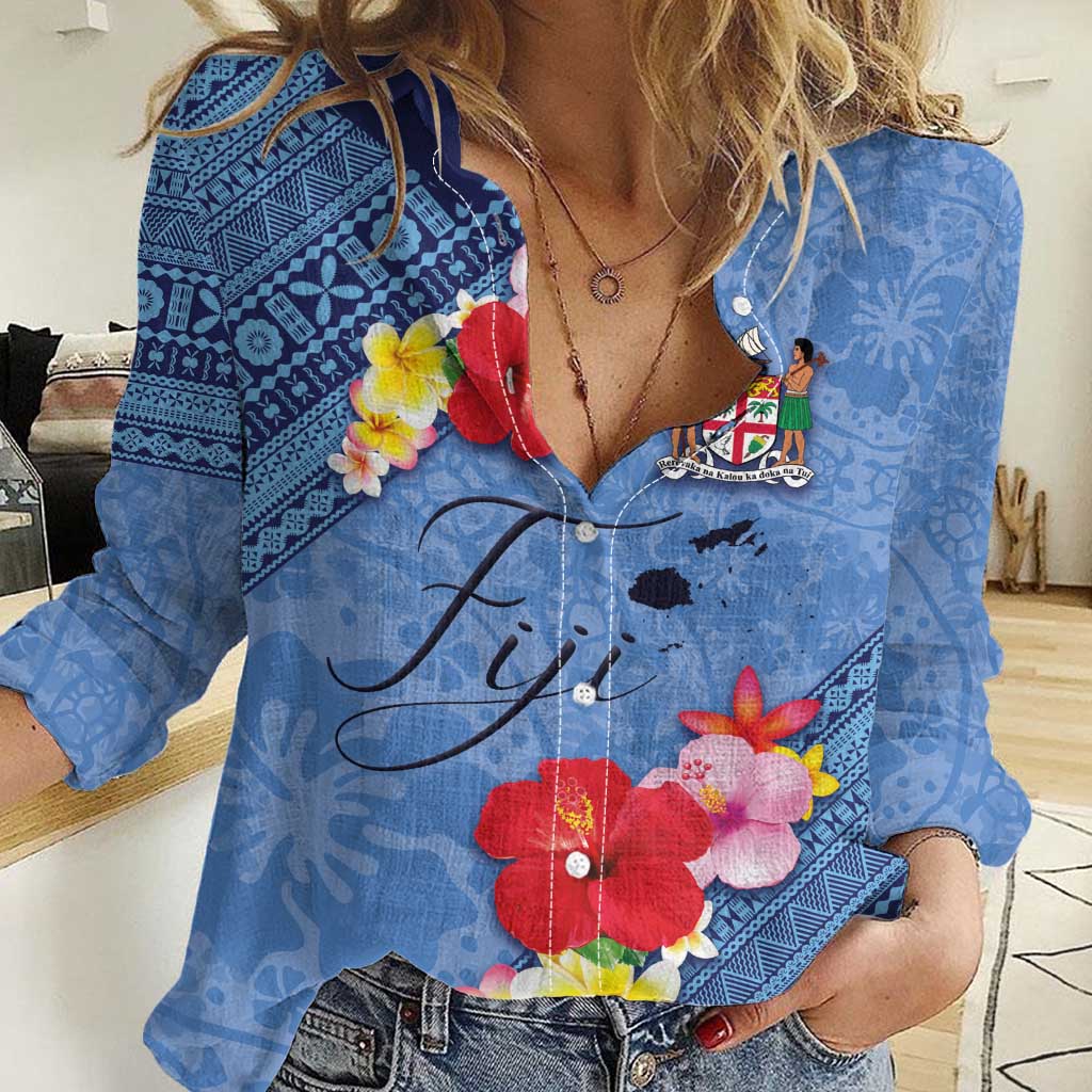 Bula Fiji Hibiscus and Plumeria Flowers Women Casual Shirt Tapa Tattoo Polynesian Pattern