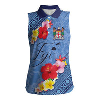 Bula Fiji Hibiscus and Plumeria Flowers Women Sleeveless Polo Shirt Tapa Tattoo Polynesian Pattern