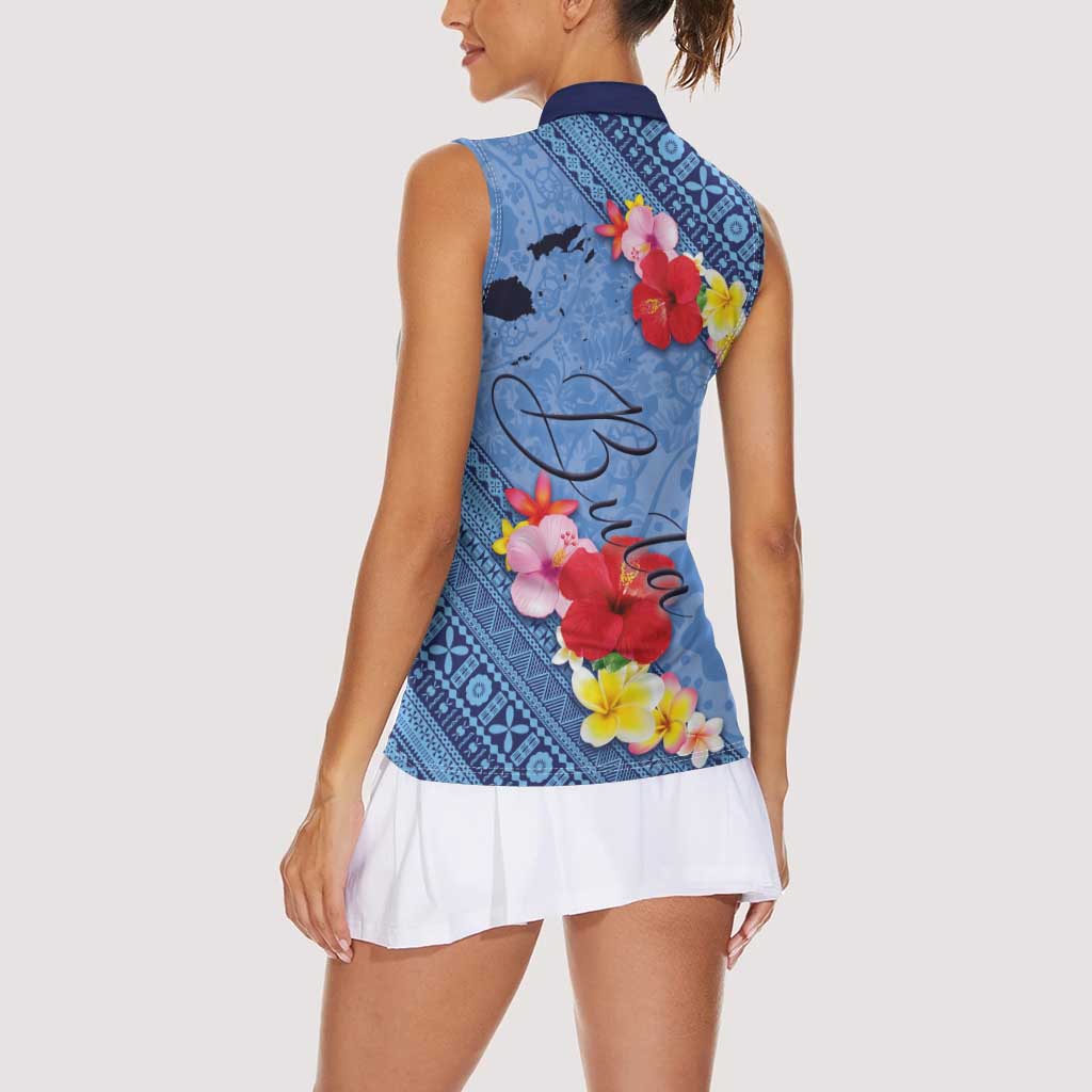 Bula Fiji Hibiscus and Plumeria Flowers Women Sleeveless Polo Shirt Tapa Tattoo Polynesian Pattern