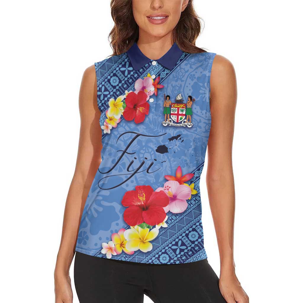 Bula Fiji Hibiscus and Plumeria Flowers Women Sleeveless Polo Shirt Tapa Tattoo Polynesian Pattern