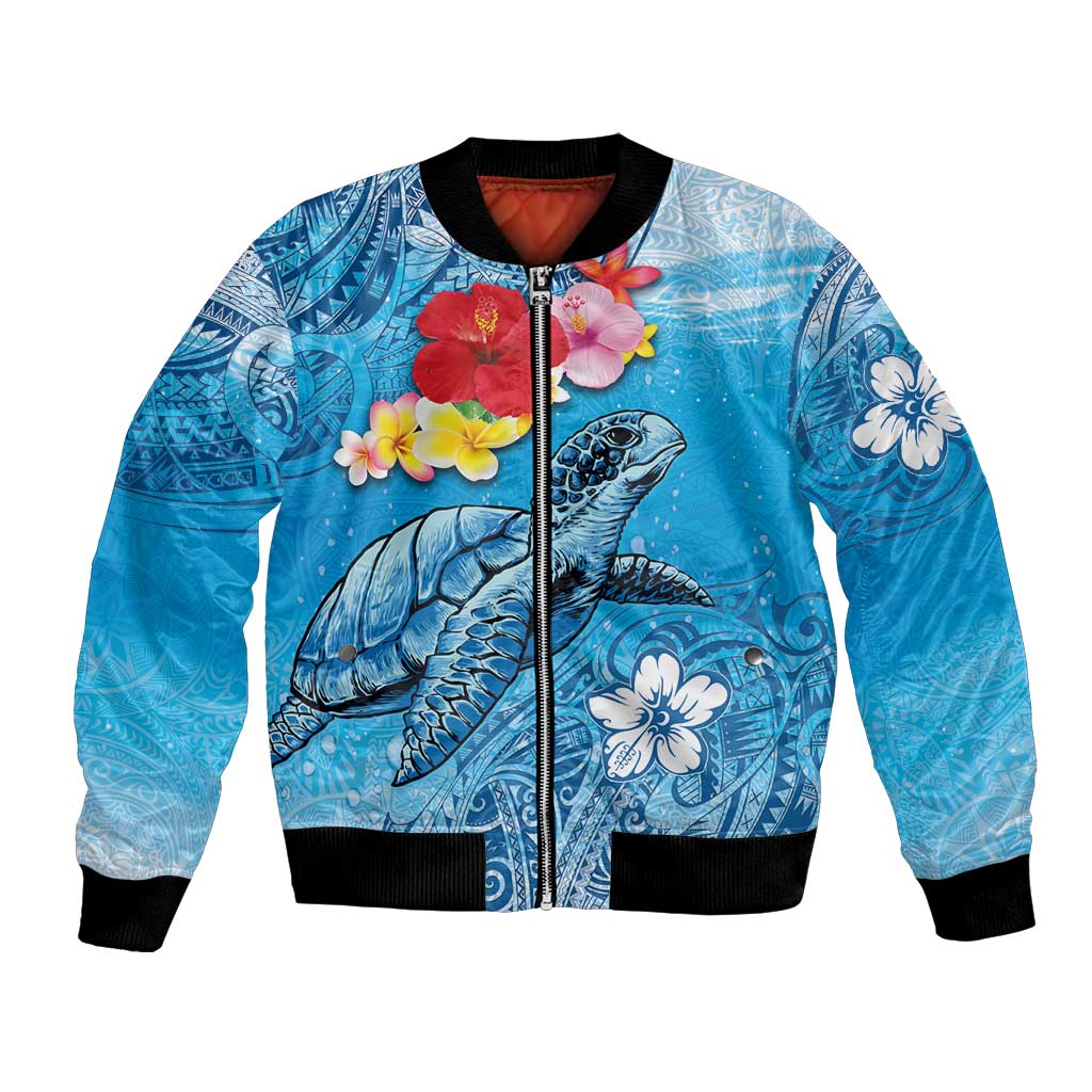 Hawaii Sea Turtle and Tropical Flowers Bomber Jacket Polynesian Tattoo Undersea Vibe