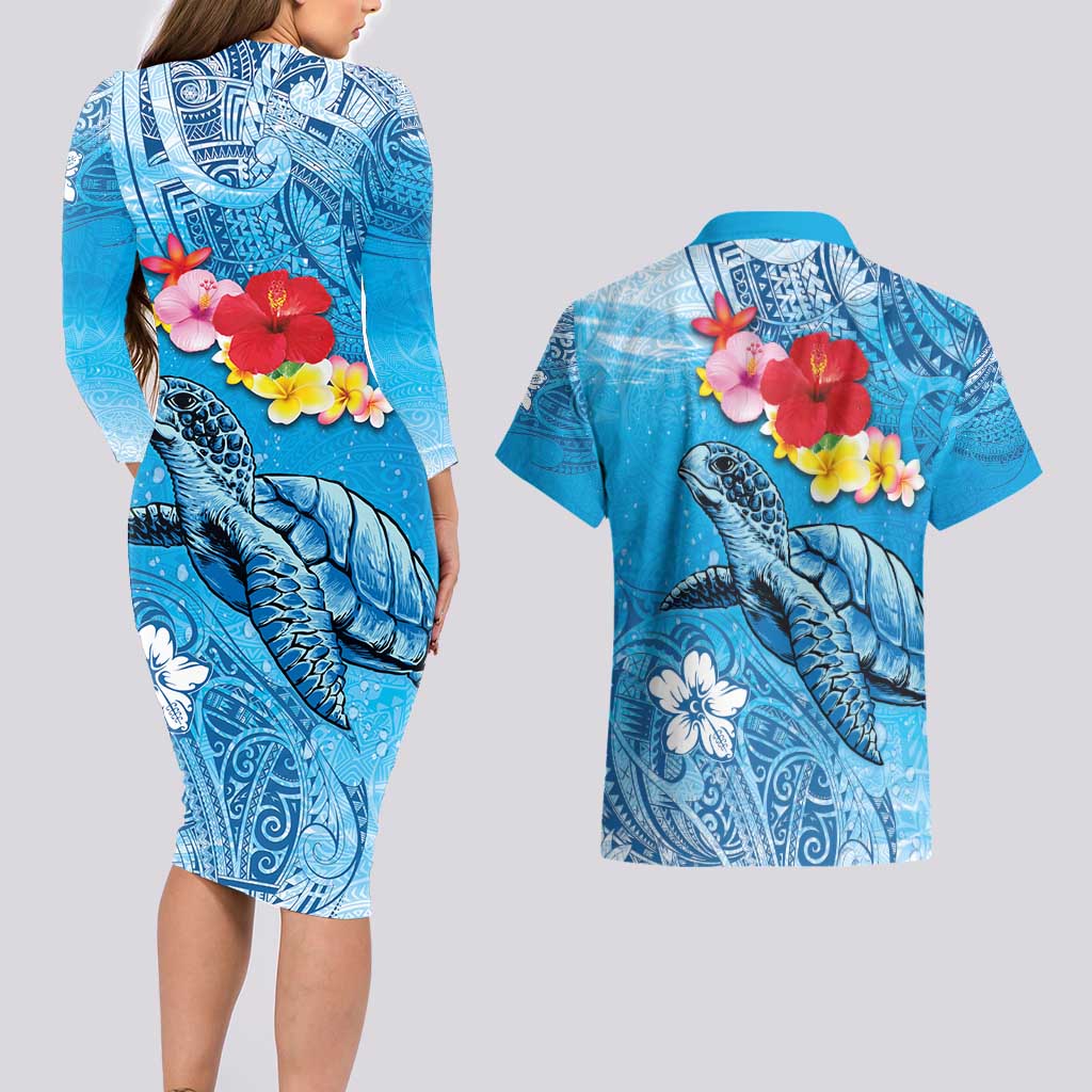 Hawaii Sea Turtle and Tropical Flowers Couples Matching Long Sleeve Bodycon Dress and Hawaiian Shirt Polynesian Tattoo Undersea Vibe