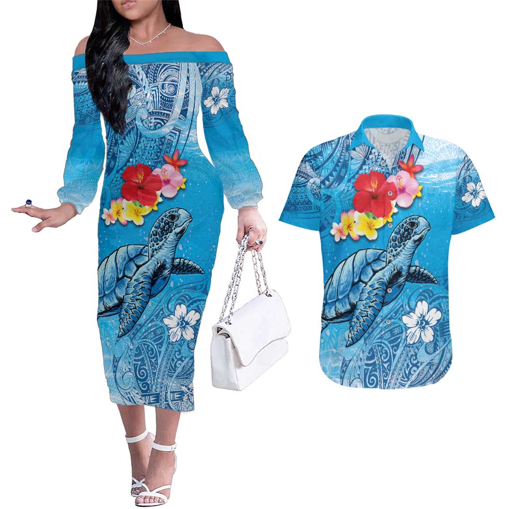 Hawaii Sea Turtle and Tropical Flowers Couples Matching Off The Shoulder Long Sleeve Dress and Hawaiian Shirt Polynesian Tattoo Undersea Vibe