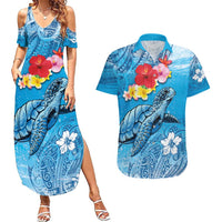 Hawaii Sea Turtle and Tropical Flowers Couples Matching Summer Maxi Dress and Hawaiian Shirt Polynesian Tattoo Undersea Vibe